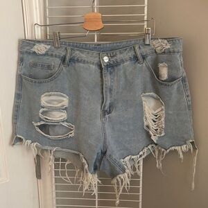 SHEIN Light Wash Frayed High-Rise Distressed Denim Shorts